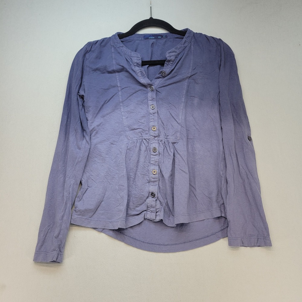 Prana Button Up Top Womens XS Purple Ombre Boho Roll Tab‎ Sleeve Henley Pleated